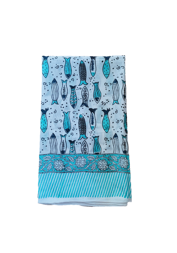 Milos Fish Turquoise Indian Hand Block Printed Cotton Sarong