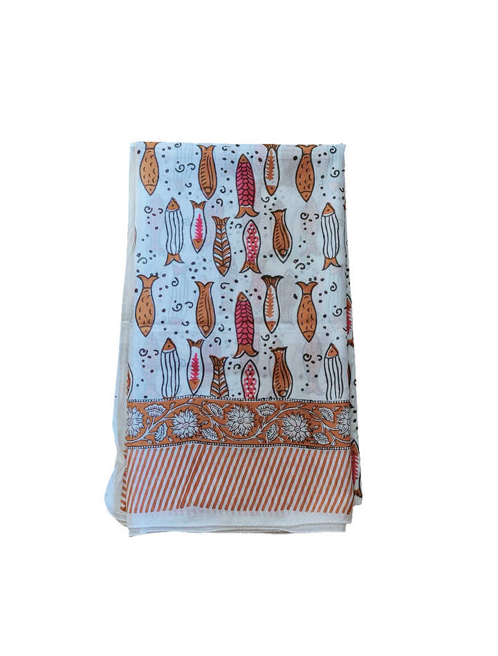 Milos Fish Indian Hand Block Printed Cotton Sarong - Burnt Orange