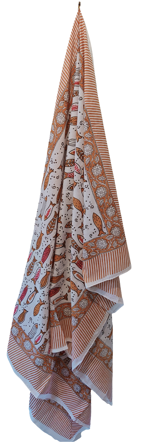 Milos Fish Indian Hand Block Printed Cotton Sarong - Burnt Orange