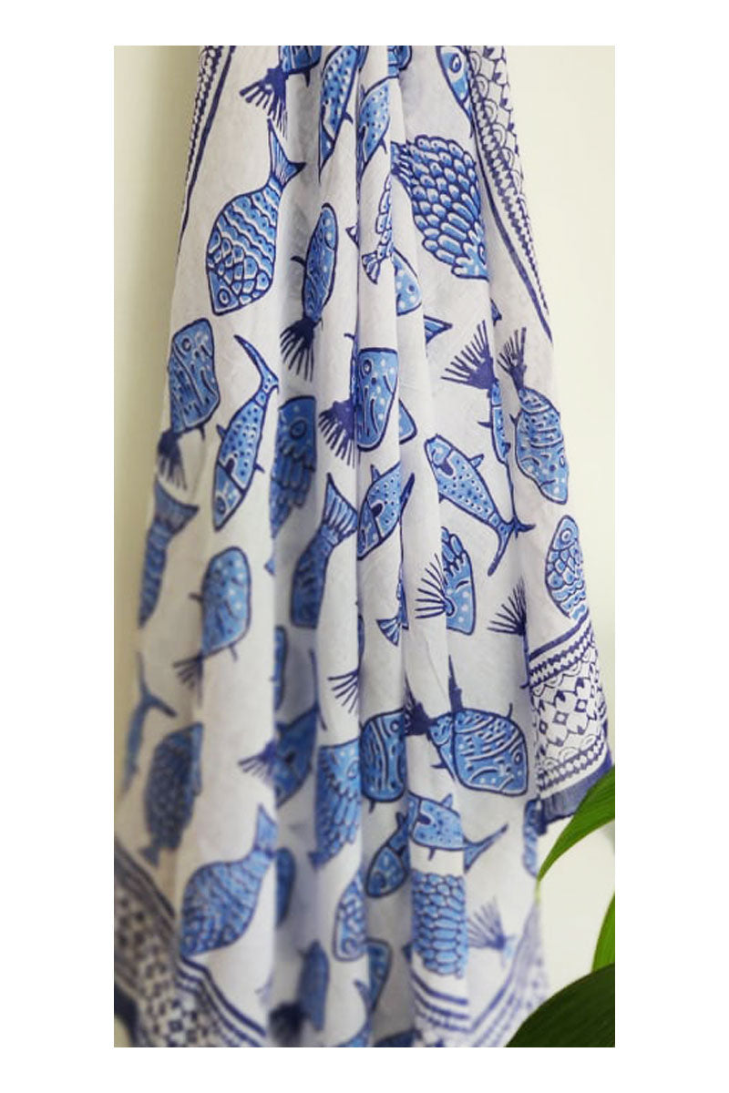 Blue Fish Indian Hand Block Printed Cotton Sarong - Sumavi